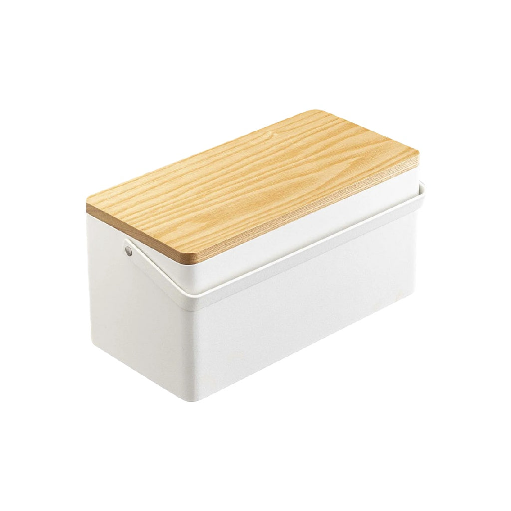 Boîte de rangement en métal avec couvercle en bois, Blanc