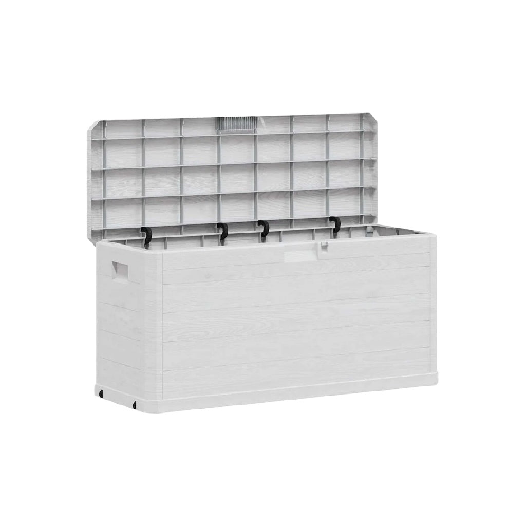 Coffre de rangement extérieur en plastique, design imitation bois blanc